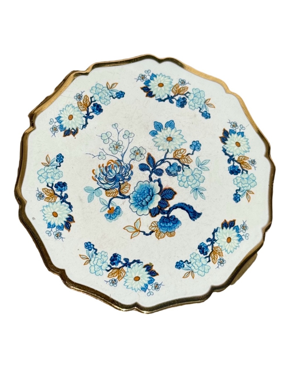 Vintage Mid Century Stratton White Blue Floral Scalloped Edge Compact - Picture 2 of 4